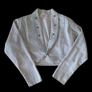 VTG 80s Dirty Dancing Cropped Acid Wash Denim Jacket Womens L Embellished Collar